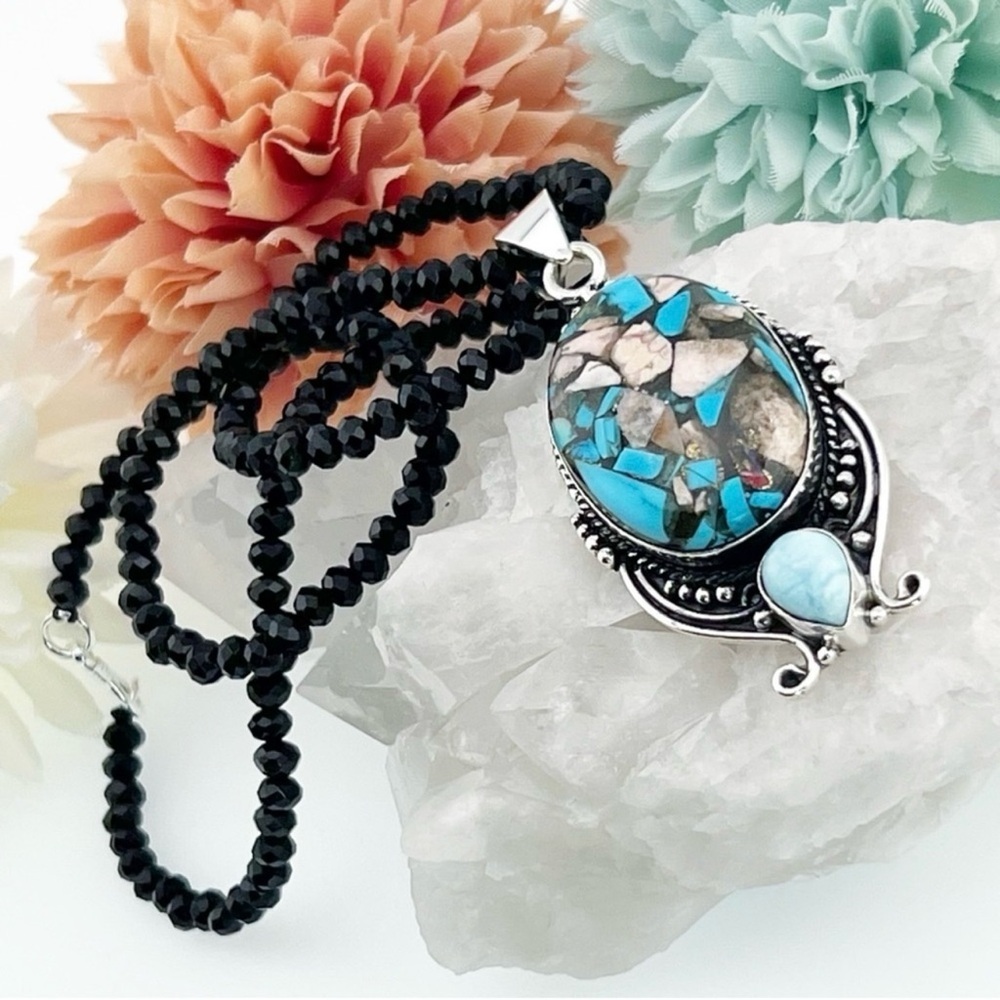 Solid 925 Set Blue Jasper Pink Opal Larimar Pendant Spinel Necklace Earrings - Picture 7 of 8